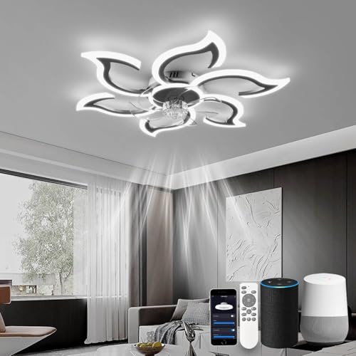 LJX Led Ceiling Fan Light Compatible with Alexa and Google Assistant 88cm Flower Ceiling Fans with Lights and Remote Control 2.4GHZ WiFi Mute Timer Dimmable for Bedroom Living Room,Black