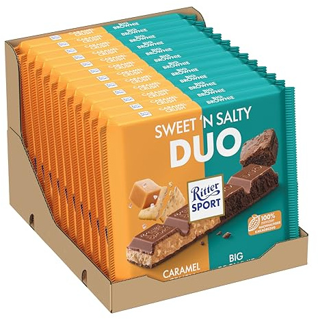 Ritter Sport Sweet ’N Salty Duo, große Tafel Vollmilchschokolade mit salted Caramel & Brownie Cremefüllung, gesalzene Butterkeks-Stückchen, perfekt zum Naschen und Genießen, Geschenkidee, 12 x 218 g