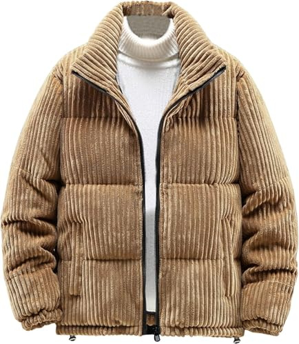 Doudoune à glissière en Velours côtelé d'hiver pour Hommes Veste en Velours côtelé Vintage épaissie à glissière épaissie Veste de Transition Coupe-Vent (Café,L)