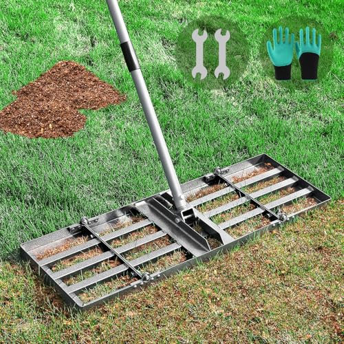 REAPALOT Râteau de nivellement de pelouse avec long manche en acier inoxydable, outil de niveau de cour robuste pour niveler le sol, le sable ou la saleté, gants de jardinage inclus (76,2 x 25,4 cm)