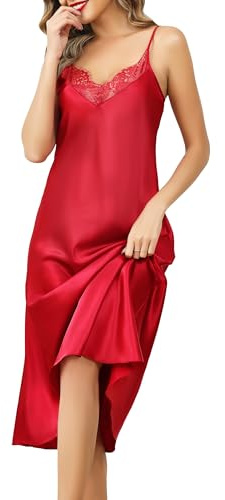 Lovasy Siden‑nattlinnen för kvinnor, spets, V‑ringat nattlinne, med band, lång chemise, negligéer, komplett underklänning, UK‑storlek 6–24, Röd, XL