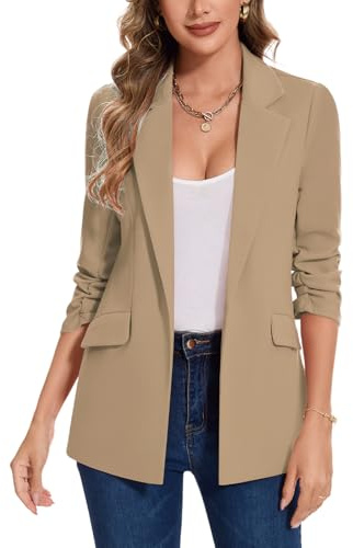 MINTLIMIT Ladies Open Front Blazer 3/4 Ruched Sleeve Jacket Suit Work Office (Khaki XL)