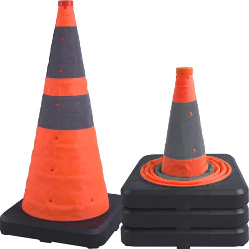 OranLite 4 Pack 28 Collapsible Traffic Cone - Foldable Safety Cone with Heavy-Duty Base & Reflective Oxford Fabric, Waterproof UV-Resistant for Road Work, Events, Parking Lots & Garage Use