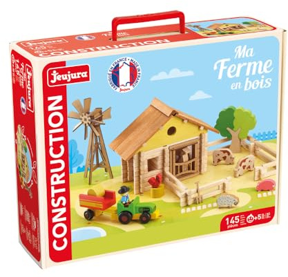 Jeujura - Ferme en Bois 145 Pièces - Jeu de Construction dès 5 Ans - 8041 | Personnage, tracteur et animaux inclus - Valisette de rangement - Jeu en bois enfant - Imagination - Fabriqué en France