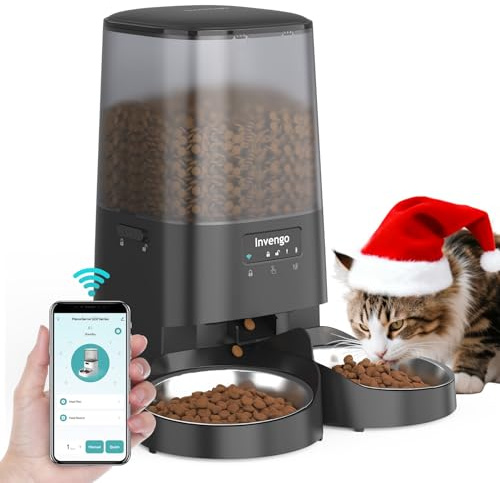 Invengo Comedero Automático 5L para 2 Gatos, Control App, Wi-Fi 2.4/5G, Porciones Programables, Doble Alimentación, Anti-Atasco, Recipientes Acero INOX, Fácil de Limpiar