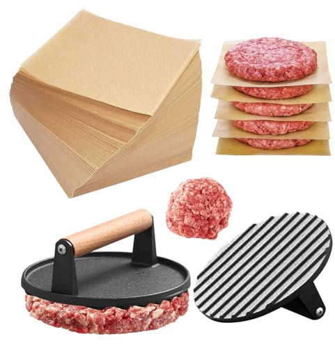 Pressa per hamburger rotonda in ghisa resistente da 17 cm, con 100 fogli di carta pergamena quadrata, pressa per hamburger con manico in legno, 1 kg (grande - 20 cm carta da forno)