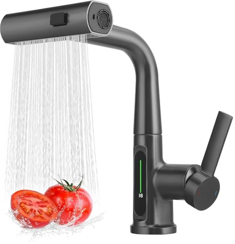 Durchlauferhitzer Küche mit Ausziehbarem Sprühnebel, 4 Modus Wasserfall Küchenspülenarmatur, 360° Drehbare Edelstahl Küchenarmatur, Wasserhahn bad Wasserfall mit Ausziehbarem Sprühnebel