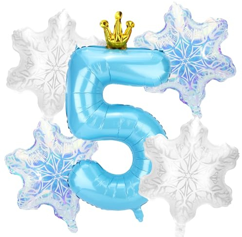 5stk Schneeballon-Dekorationen Geburtstagspartys, Blaue Zahlen und 4stk Schneeflockenballons Dekorationen und Gastgeschenke für Geburtstagspartys Winterwunderland Blaue Prinzessin(Nummer 5)