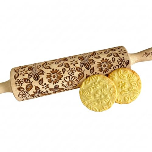 Nudelholz BLUMENMISCHUNG. Teigrolle mit Blumen-Motiv für Hausgemachtes Gebäck und Keramik. Präge Teigroller mit Blumen für DIY Küche. Gravierte Nudelholz mit Muster von Algis Crafts