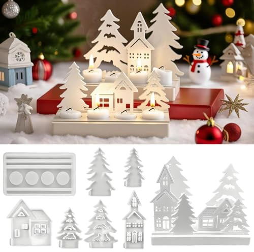 Silikonformen Gießformen Häuser,7 Stück Silikonformen Gießformen Weihnachten,Silikonform Haus,Silikonform Häuschen Silikon Kerzenhalter,Gussformen für Gips Epoxidharz Formen Tannenbaum DIY