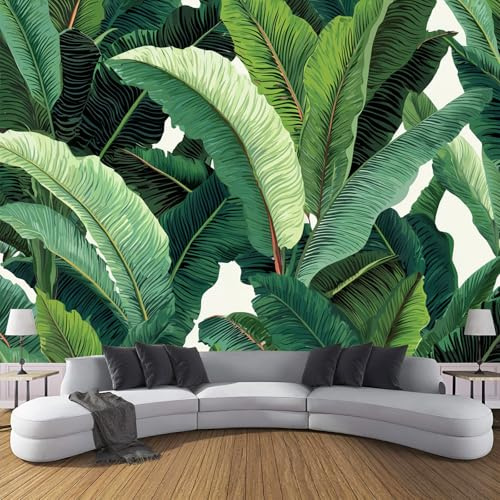 JSCWDET Papier Peint Illustration Plantes Tropicales Soie, Vert Poster Geant Mural 3D Pour Salon Chambre Décoration Murale,Feuilles Bananier Épaisses,350×256 Cm (W×H)