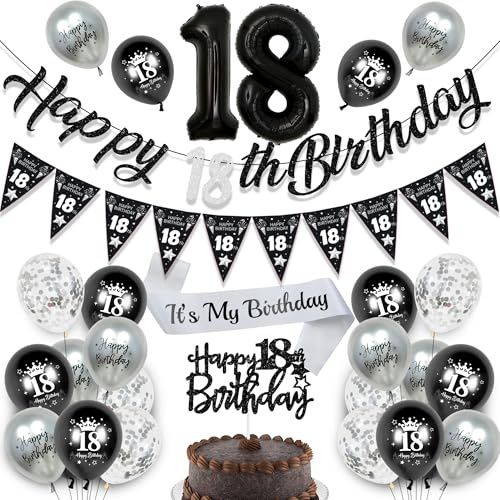 Happy 18th Birthday Decorations Balloons - 24 Pcs Black Silver Banners Triangle Bunting Sash Number 18 Foil Balloons Cake Topper for Boys Girls 18 Years Old Birthday Party Decor Supplies