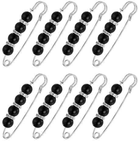 MECCANIXITY Spilla decorativa con perle, 7,5 cm, spilla di sicurezza, alla moda, per maglioni, scialle, collari, abiti, camicie, accessori di abbigliamento da donna, nero, argento, 8 pezzi
