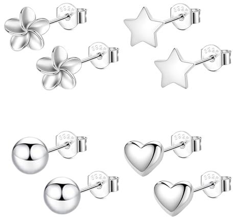 Hinvan Fyrpack kula stiftörhängen silver 925 4 par silverörhängen damer hjärta allergivänliga stjärna stiftset blomma örhängen silver 925 kontakt flicka