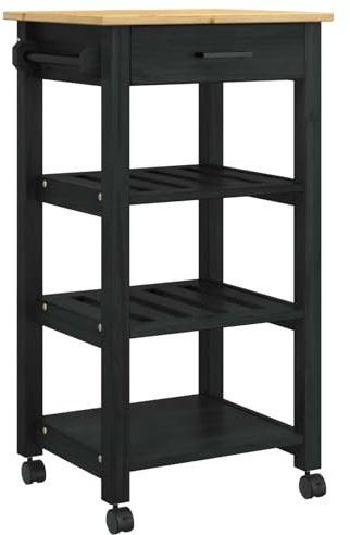 vidaXL Köksvagn Svart 88,5 x 40 x 48 cm Massiv furu, Modern köksvagn, fyrkantig form, rullande vagn med mycket plats, mobil nytta, sparar utrymme, hjul
