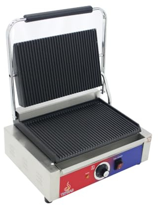 Gasfrit Professional Electric Contact Grill – Grill Griddle with Cast Iron Ribbed Plates, E.G.O Thermostat, Stainless Steel – Single/Double (Single)