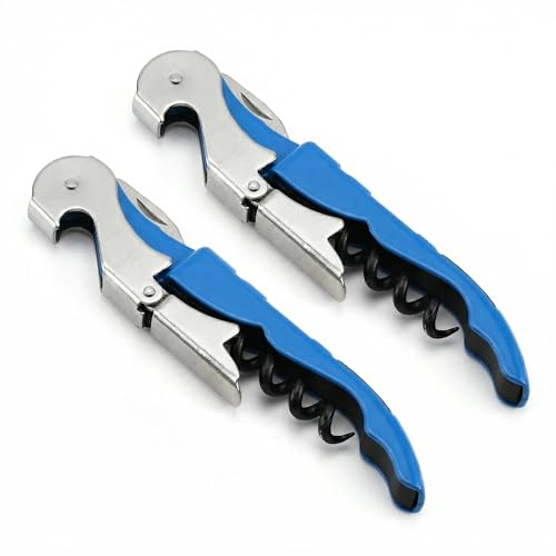 LifgWas 2 abridores de vino profesionales de acero al carbono – Abrebotellas de doble palanca con sacacorchos y cortador de cápsulas, calidad de restaurante para camareros y camareros, color azul