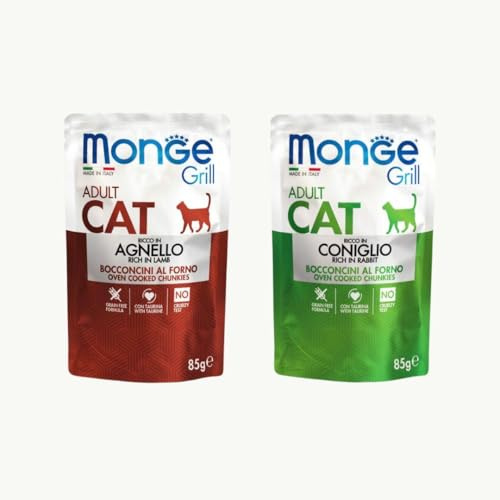 Monge Grill gatto, morbidi bocconi al forno per gatti adulti di tutte le taglie gusto AGNELLO e CONIGLIO | 12 bustine da 85 grammi l'una.