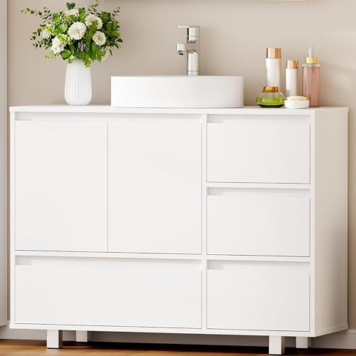 ANWBROAD Mobile Sottolavabo per Bagno, 4 Cassetti, 2 Ante, Lavabo con Piedini, Moderno,90 x 30 x 64,5 cm, Bianco SSC002W