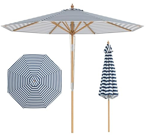 FANTASK Sonnenschirm 270 cm, Gartenschirm beidseitig um 30° knickbar, Balkonschirm Holz, Terrassenschirm, Marktschirm für Garten, Balkon, Terrasse (Blau + Weiß)
