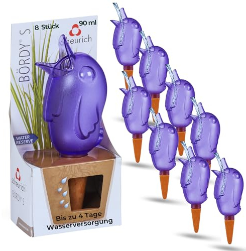 Scheurich Wasserspender S Bördy | 8 x Lila | 90ml Füllmenge | Bewässerungskugeln klein mit Ton Fuß | Wasserspender Pflanzen und Blumen Terrakotta Stiel