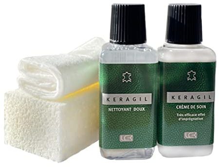 KERAGIL Kit d'entretien pour le cuir avec nettoyant et lotion, chiffons et éponge. 150 ml de nettoyant et 150 ml de lotion de soin