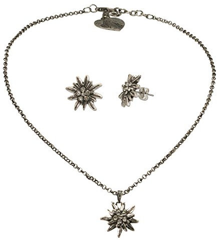 Alpenflüstern Trachtenschmuck-Set Trachtenkette und Ohrstecker Strass-Edelweiß klein - Damen-Trachten-Schmuck, Trachtenset Dirndl-Kette und Trachten-Ohrringe antik-silber-farben SET031