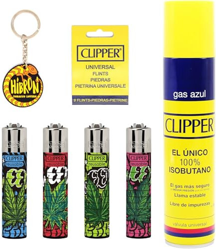 HIBRON Encendedores Diversos Surtidos Bonitos Baratos, 4uds Clipper + 1 Botella Gas Azul Universal 300 Ml + 9 Piedras Clipper + 1 Llavero Camaleón Hibron Gratis