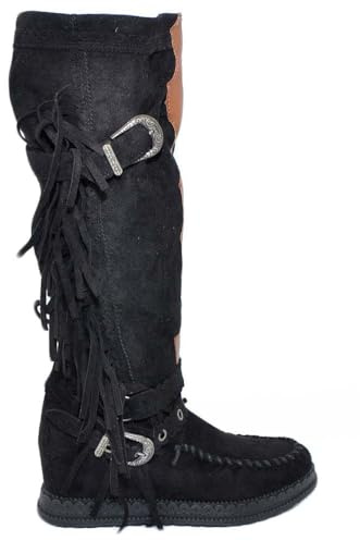 Stivali Donna Indianini Neri Scamosciati con Frange Zeppa Interna 5 cm Cinturino Fibbia Altezza Ginocchio Moda (40 EU)