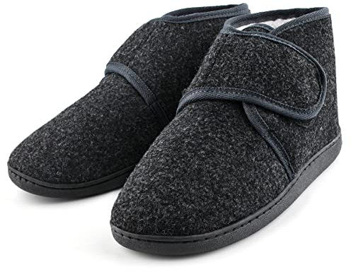 TIESTRA Warm Hausschuhe Herren Winter Kunststoffe Lammfell Diabetiker Hausschuhe Breiter Fuß Filzpantoffeln Mit Memory Foam Sohle, Filz Herrenhausschuhe Mit Klettverschluss Flach,Größe 44