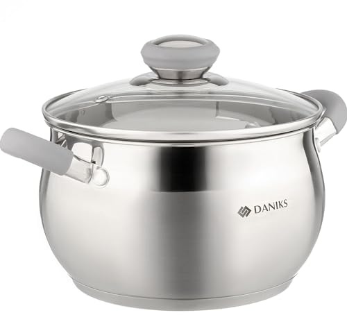 Daniks Modern 3 Quart Stainless Steel Stock Pot with Glass Lid, Tri-Ply Bottom for Even Heating, Induction Compatible, Dishwasher Safe, Heatproof Handles
