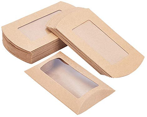 BENECREAT 30PCS 12.5x7.5x4.2cm braune Kraftpapier Kissenschachteln mit klarem Fenster, Packungsschachtel für Babyparty, Geburtstag und Hochzeitsfeier