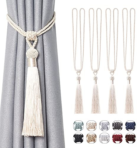 Pretty Jolly 4-pack långa gardinomtag med tofsar, handgjort flätat rep, knut, draperi, knytband, europeisk stil, dekorativa gardinomtag för hem och kontor, fönsterdraperi (beige)