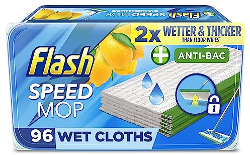 Flash Speedmop Wet Floor Cleaning Wipes, 96 Cloths (24x4), Antibac Lemon Multi-Surface, Trap & Lock Daily Dirt, Grease & Grime Without Getting Down On Your Knees ( Package may vary)