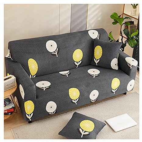 AMDXD Sofa Überwürfe 2 Sitzer, Blume und Blatt Sofa Stretchhusse Möbelschutz mit Elastischem für Wohnzimmer, in Polyester, Anti-Rutsch, Elastischer, Dunkelgrau Gelb Beige, Stil 8