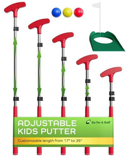 Go For It Golf Kids Putter - Extendable Shaft for Junior Golfers - Adjustable Size for Right and Left Hand - Perfect Training Club for Kids - Includes 3 Balls, Cup with Flag - Red, 17- 35