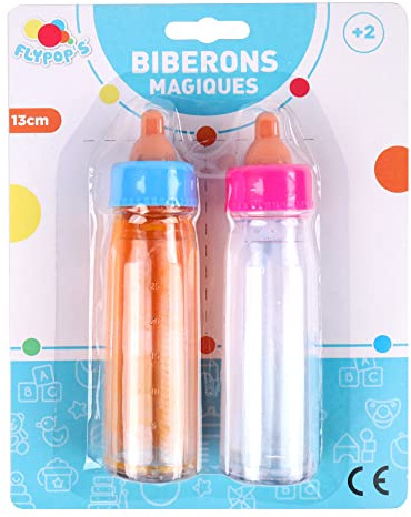 FLYPOP'S - 2 Biberons Magiques - Jeu d'Imitation - 011595LIN - Multicolore - Plastique - Pouponner - Bibi - Jouet Enfant - Bébé - 13 cm x 3,5 cm - À Partir de 2 Ans