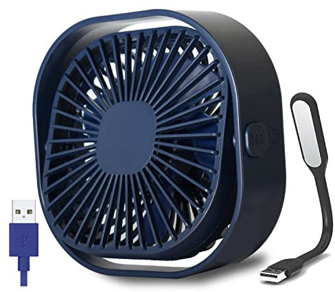 HeavySleepers USB Desk Fan Silent Cooling Table Fan 360 Degree Rotatable Head Portable Quiet USB Powered Mini Fan 3 Speeds Setting for Desktop Home Office Bedroom FREE USB Powered LED Light Black