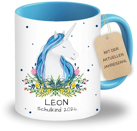 LOOXIS Mug personnalisée pour enfants avec nom, texte et motif - 325ml, céramique, différentes couleurs - Idée cadeau garçon, fille, rentrée scolaire, maternelle - Bleu, Licorne