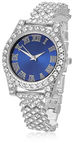 Halukakah Diamonds Gold Watch Iced Out, Kid's Platinum White Gold Plated 36MM Width Blue Dial Quartz Wristband 8, Free Giftbox