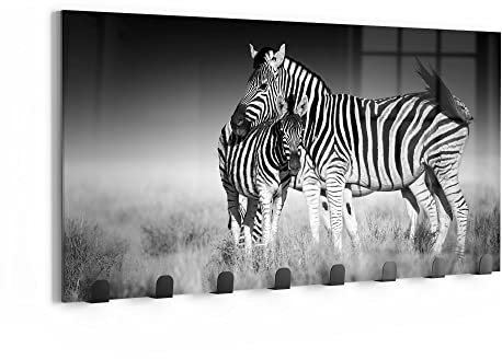 DEQORI Wandgarderobe Glas & Metall | Motiv Zebras beieinanderstehend | 60x30 cm | Design Haken-Leiste modern | Garderoben-Paneel für Flur, Wohnzimmer & Schlafzimmer | magnetisch & beschreibbar