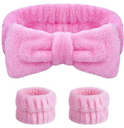 AOMIG Fascia Capelli Donna, 3 Pz Fascia Spugna Spa Con Braccialetto per Trucco, Fasce Capelli Fiocco per Lavaggio Viso, Doccia, Terme (Rosa)