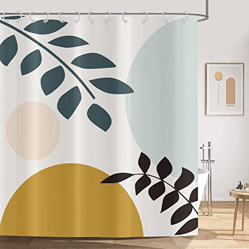 ASDCXZ Duschvorhang Boho 180x200 cm, Modern Abstrakt Kunst Boho Style Minimalismus Blätter Sonne Halbkreis Waschbar Duschvorhänge Textil Wasserdicht Duschvorhang für Badewanne mit 12 Haken