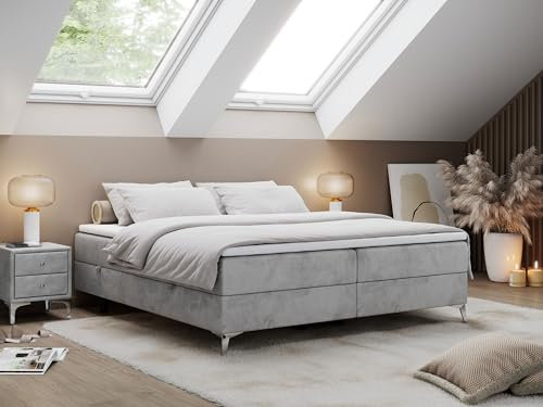MKS MEBLE Boxspringbett Less 140x200 cm, Bett mit Bettkasten, Multipocket Matratze H3 7-Zonen, Topper T25, minimalistisches Doppelbett – Hellgrau Velvet