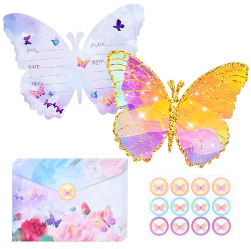 Dereine Invito Farfalla, 36pcs Invito Compleanno Farfalla, Biglietti di Invito Farfalla, Inviti Compleanno Bambina, Inviti Compleanno Bambina Farfalla con Busta e Adesivo Sigillo