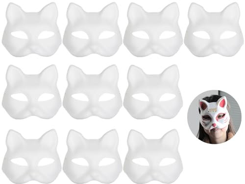 10pcs DIY Blank Cat Mask, Renard Cat White Paper Mask, anime japonais demi - visage chat masque pour bricolage masque peint, masque peint à la main pour carnaval, faux bal, Halloween