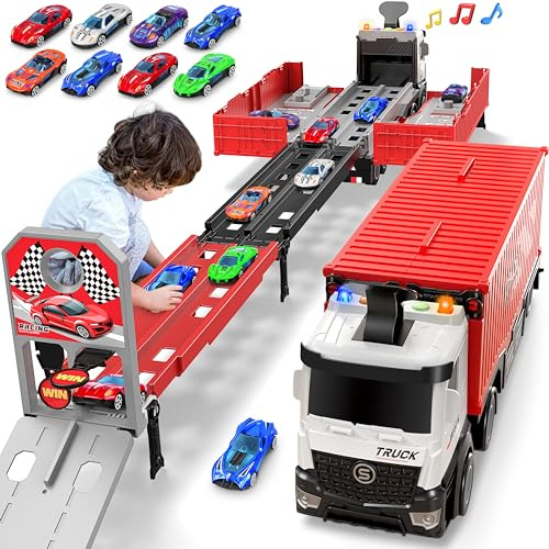 Transport Truck Spielzeugautos für Jungen,Tragbares Rennbahn Truck Spielzeugauto mit 8 Rennautos,Transporter Fahrzeug Spielzeug Set Geschenk für 3 4 5 6 7 8 9 10-12 Jahre Kinder Jungen Mädchen