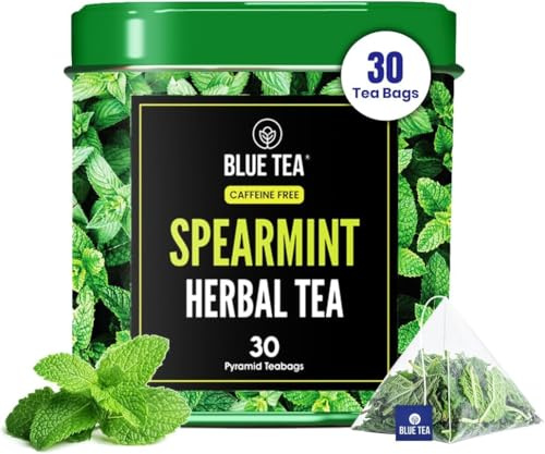 BLUE TEA - Spearmint Tea - 30 Count - Pyramid Plant Based Biodegradable Tea Bags | Antioxidant Rich | Caffeine Free - Non-Bitter - Herbal Tea | Tin Pack