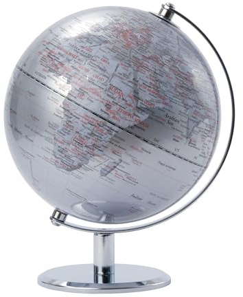 TROIKA Globus Ø 20 cm LUNAR Globus silber glänzende Meere & silberfarbene Landflächen, verchromter Metallfuß, weicher Filzboden bewegliche Achse - im hübschen Karton ideal zum Verschenken