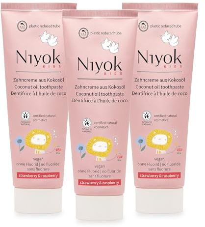Niyok Bio Zahncreme für Kinder 75ml (3er Set) schützt Zähne & Zahnfleisch, Natürliche Kinder Zahnpasta ohne Fluorid, Vegane Kinderzahncreme, Mit fruchtigem Erdbeere & Himbeere Geschmack